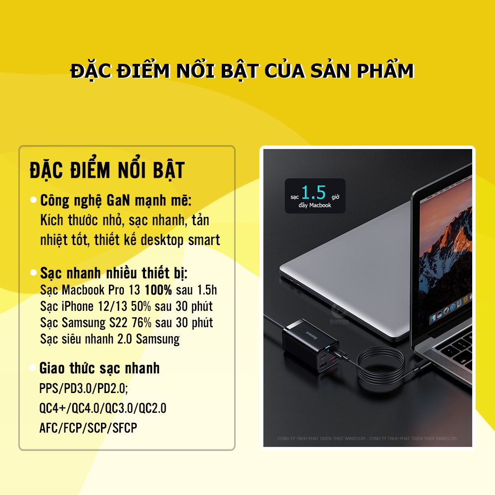 Bộ sạc nhanh 65W Bas.eus, GaN3 Pro 65W 4 cổng dây nguồn 1.5m sạc nhanh laptop/smartphone/tablet - 12 tháng BẢO HÀNH