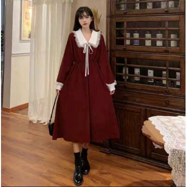Váy đầm nữ màu đỏ xòe dự tiệc dài tay phối cổ ren vintage kiểu dáng đẹp sành điệu hàng Quảng Châu NITEHY 3