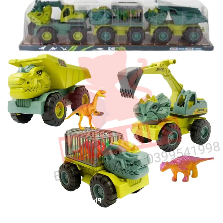 Ô Tô Khủng Long Xanh - Bộ 3 Ô Tô Có Hộp Đựng Bằng Nhựa Cao Cấp