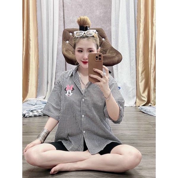 Set áo sơmi họa tiết caro mickey kèm quần legging ngố - Bộ áo sơmi form rộng quần lửng