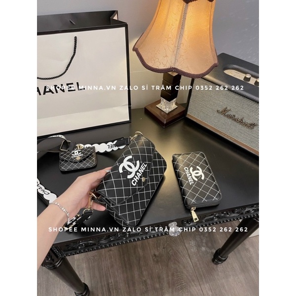 Túi Đeo Chéo Nữ Đẹp Sét 3 Món Dáng Bì Thư In Vạch Chéo Nổi