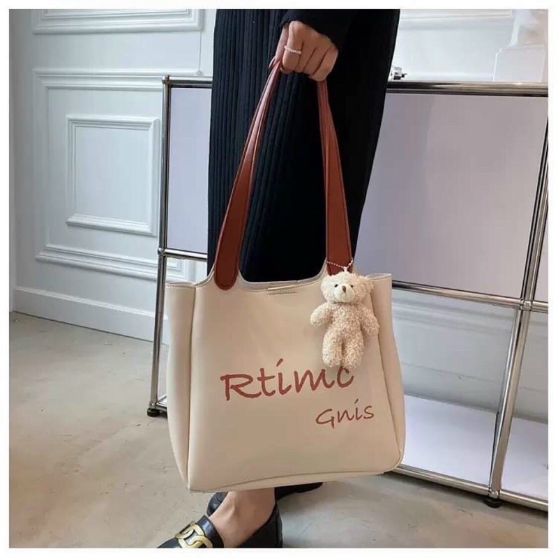 Túi tote công sở hoạ tiết chữ đeo vai kiểu hàn quốc tặng kèm gấu treo size to