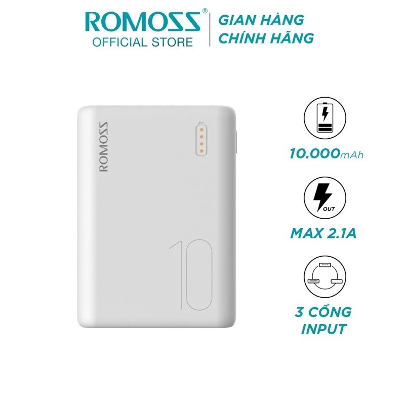 [SALE 10%] Pin sạc dự phòng 10000mAh Romoss Simple 10 3 cổng input Micro, Lightning, TypeC