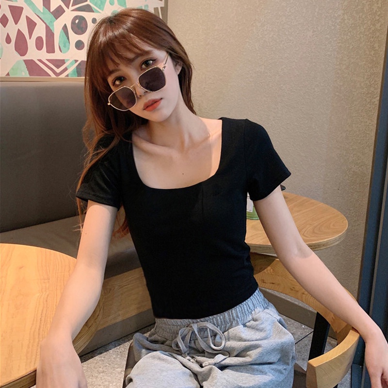 Áo Thun Croptop Nữ Cổ Vuông Ngắn Tay Dáng Ôm Madela, Áo Croptop Nữ