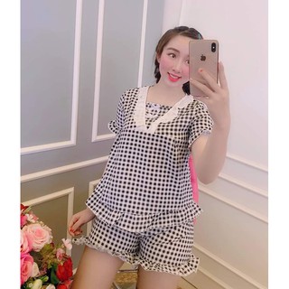 Bộ Ngủ Tiểu Thư Lụa Caro Phối Ren