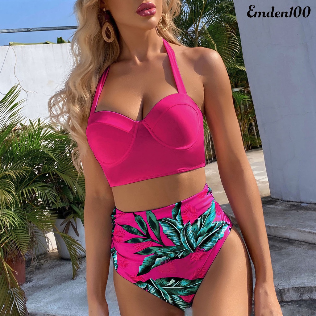 Bộ Bikini 2 Mảnh Hở Lưng Ôm Dáng In Họa Tiết Lá Cây Có Dây Cột