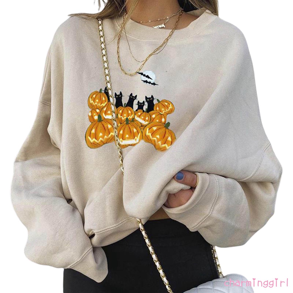 Áo Sweater Tay Dài Cổ Tròn Dáng Rộng In Họa Tiết Bí Ngô Halloween Cho Nữ