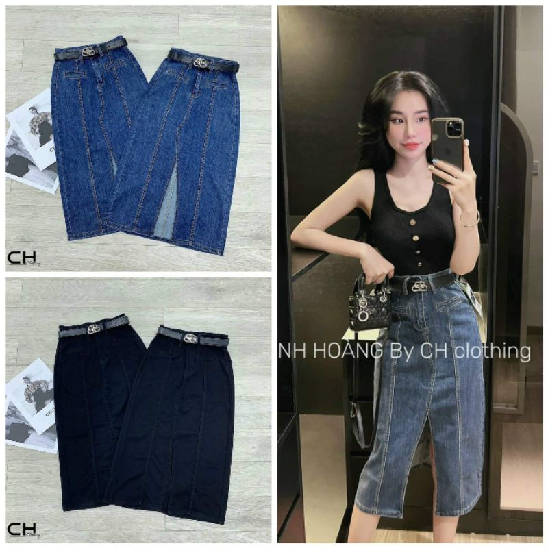 Chân váy jeans dài xẻ kèm đai chữ B hàng QCL1