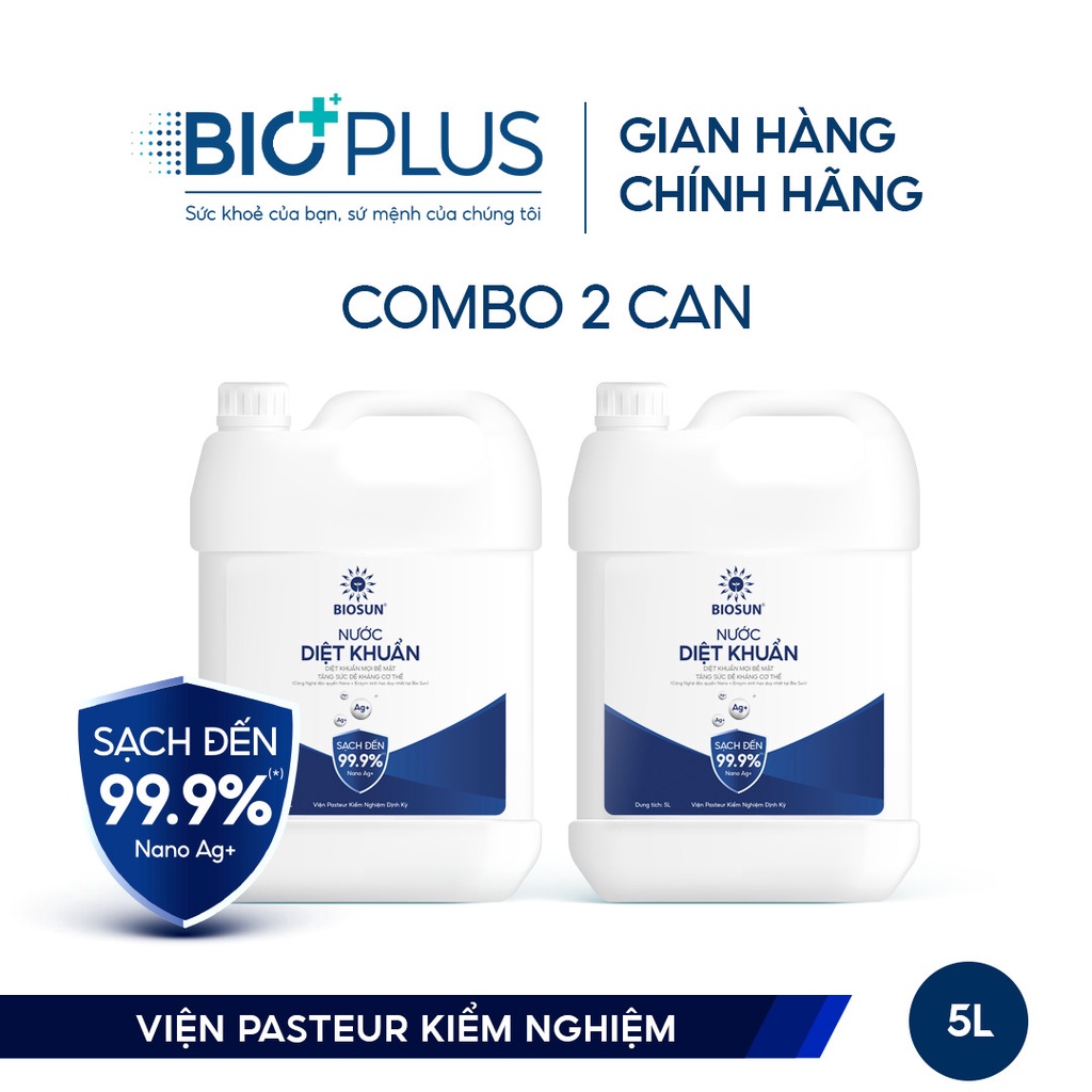 [Tặng 2 Chai Xịt 500ml] Combo 2 Can Dung Dịch Khử Khuẩn Nano Bạc Bio Sun 5 Lít