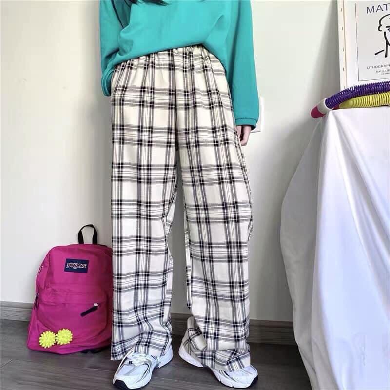 Quần Ống Rộng Kẻ Caro Lưng Cao Dáng Suông, Quần Dài Nữ Caro Ulzzang Phối Kẻ Sọc Q524 SUTANO