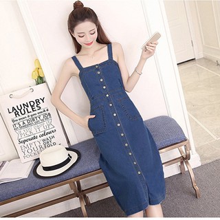 Đầm Yếm Jean Nữ Form Dài Nút Cài Dọc