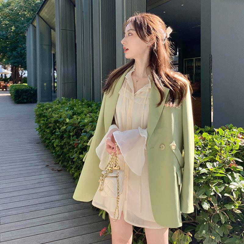 Áo Khoác Dáng Rộng Hai Hàng Nút Màu Xanh Lá Cây Thời Trang Cho Nữ