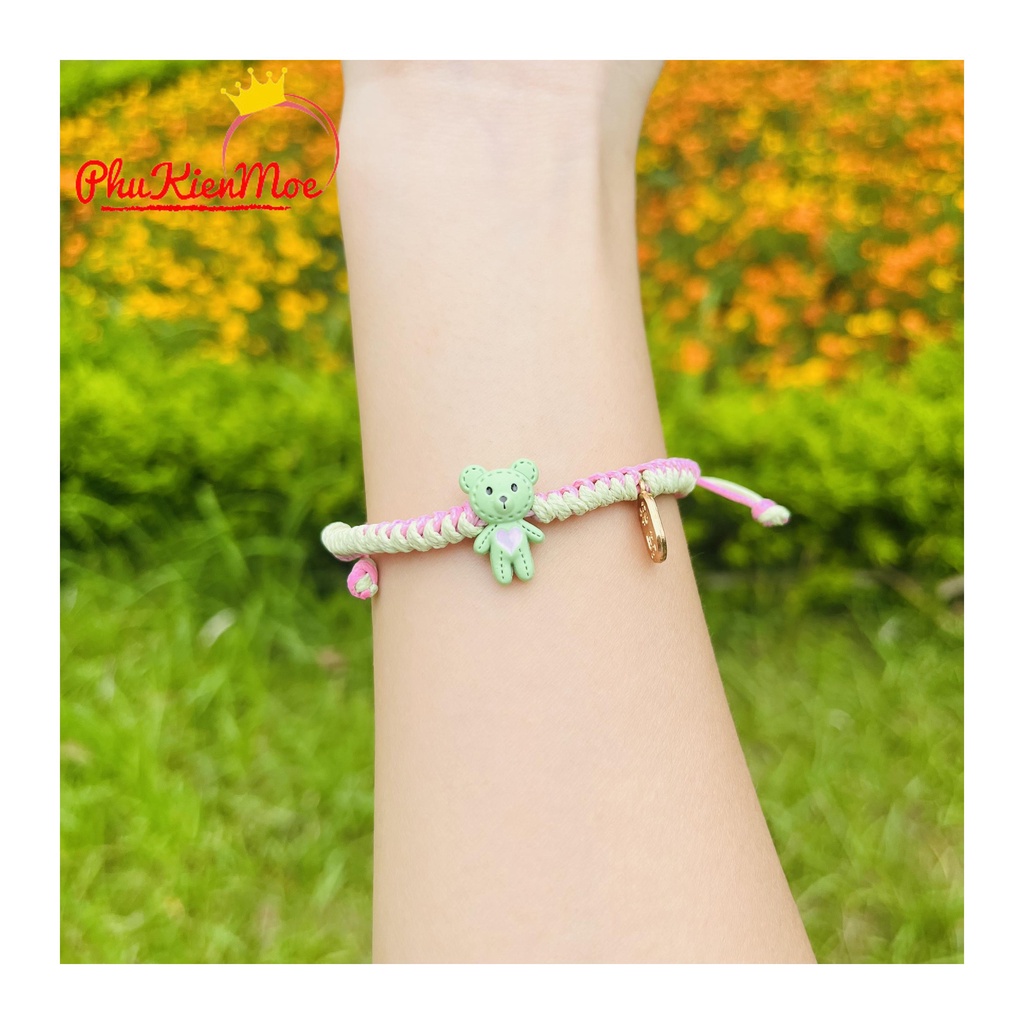 Vòng tay dây rút 2 màu xanh hồng pastel hình gấu và thỏ PhuKienMoe handmade