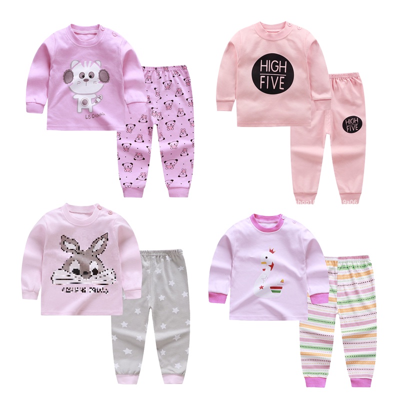 Bộ Đồ Ngủ cotton Tay Dài Màu Hồng In Họa Tiết Đáng Yêu Dành Cho Bé Gái 1-5 Tuổi