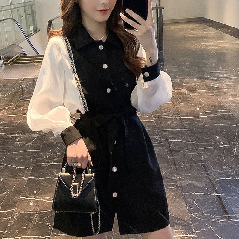 IELGY   Đầm Đen Tay Dài Dáng Ôm In Họa Tiết Thời Trang Sang Trọng Cho Nữ