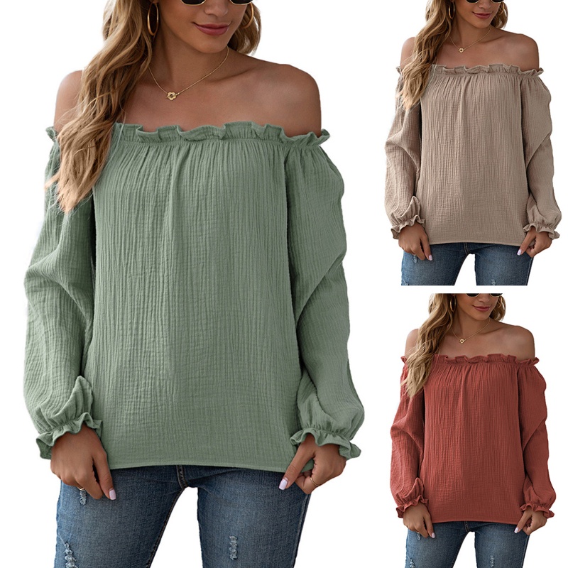 Áo Thun Dài Tay Cổ Tròn Dáng Rộng Hở Vai Màu Khối Màu Sắc Gợi Cảm Cho Nữ