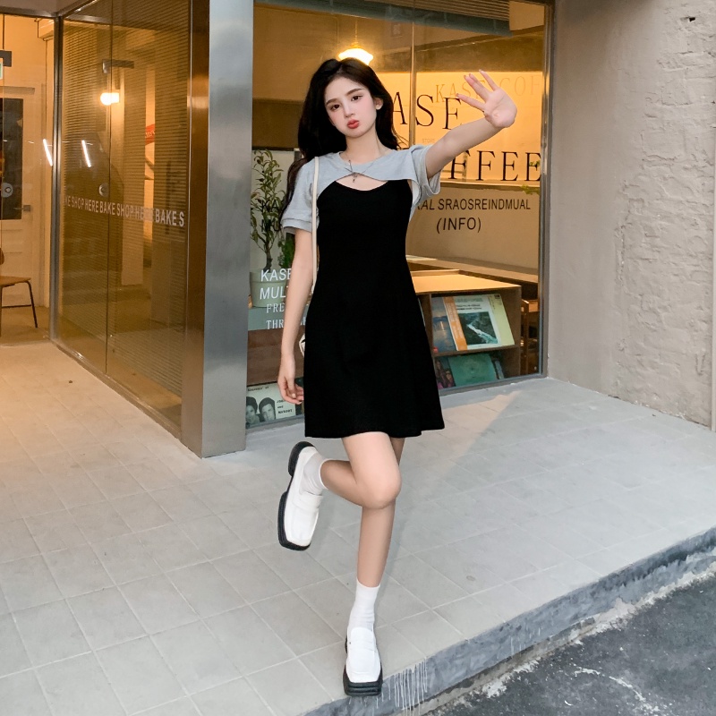 Set đầm hai dây + áo khoác kiểu ngắn tay Perty thời trang dành cho nữ