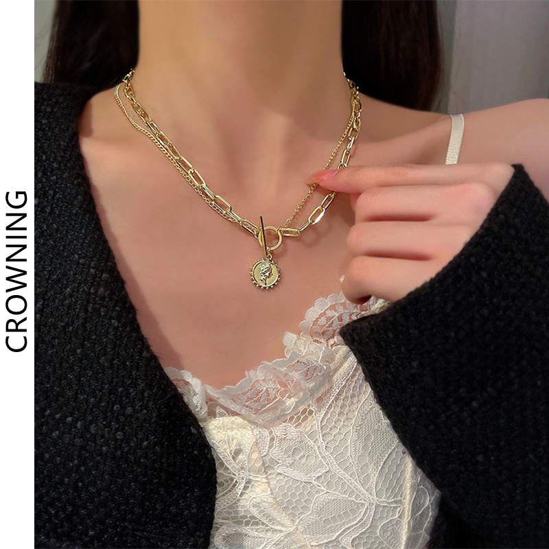 Dây Chuyền Hai Lớp Gắn Mặt Hình Tròn Phong Cách Âu Mỹ Dành Cho Nữ