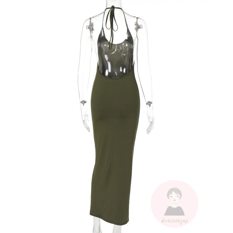 DRE-Women Sleeveless Halter Neck Dress, Solid Color Backless Tie-Up Bodycon Dress