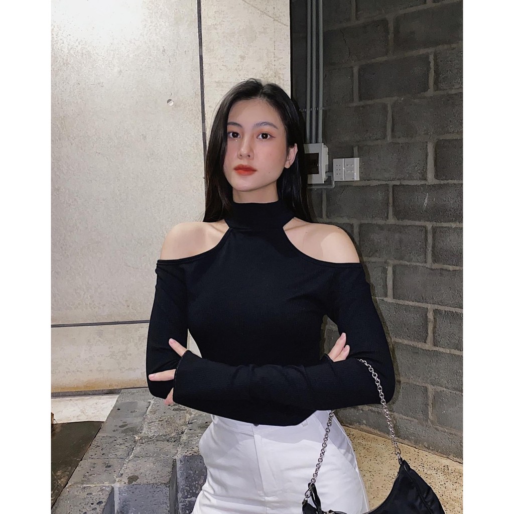 Áo croptop nữ khoét yếm HHVINTAGE kiểu tay loe xẻ Top A21