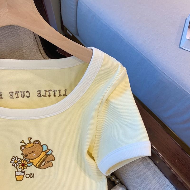 Áo Thun Tay Ngắn Cổ Tròn Thêu Họa Tiết Gấu Thời Trang Xuân Hè Phong Cách Hàn Quốc Mới Cho Nữ