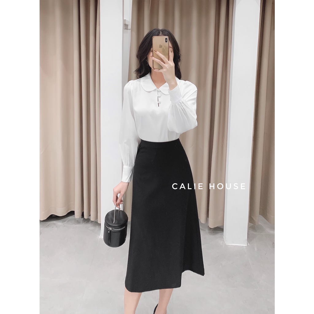 Áo sơ mi lụa nữ cổ sen cúc bọc dáng basic thanh lịch thời trang công sở Calie House A342