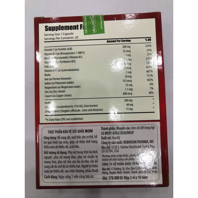 viên uống bổ sung sắt, acid folic Ron - phụ nữ thời kì kinh nguyệt, phụ nữ chuẩn bị mang thai, mang thai, cho con bú...