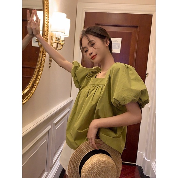 SÉT ÁO CỔ VUÔNG XANH BƠ TAY BỒNG KÈM QUẦN TRẮNG KTGIMI ( Kèm ảnh thật)