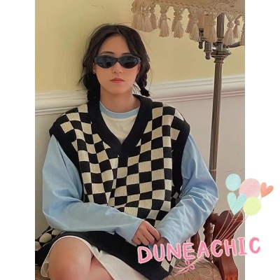 Áo Len Không Tay Dáng Rộng Họa Tiết Sọc Caro Cho Nữ