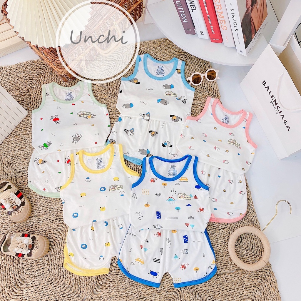 Bộ Ba Lỗ Unchi Chất Peptit Nền Trắng Họa Tiết Quần Viền Cho Bé 6-15 kg - Umee kids
