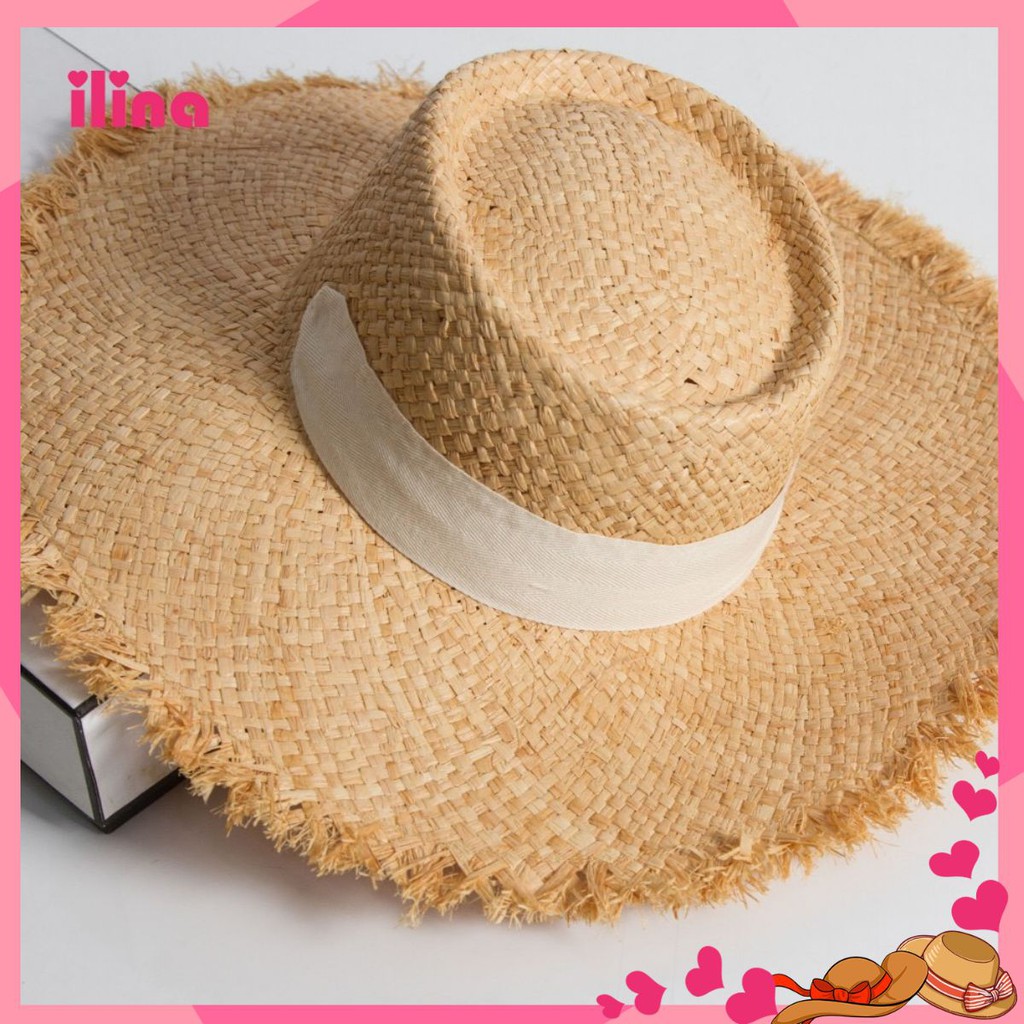 ilina Mũ/Nón cói rộng vành, đi biển Rafia đỉnh lõm, tua rua viền. M 56 - 58cm.PM326