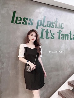 Váy cổ vuông phối tay thô ren