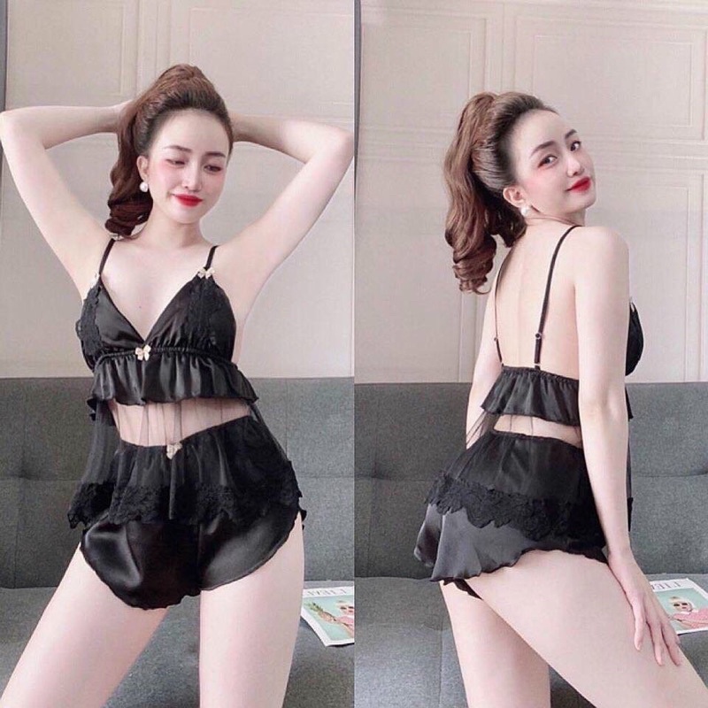 Set bộ ngủ sexy hai dây lụa satin phối lưới cao cấp