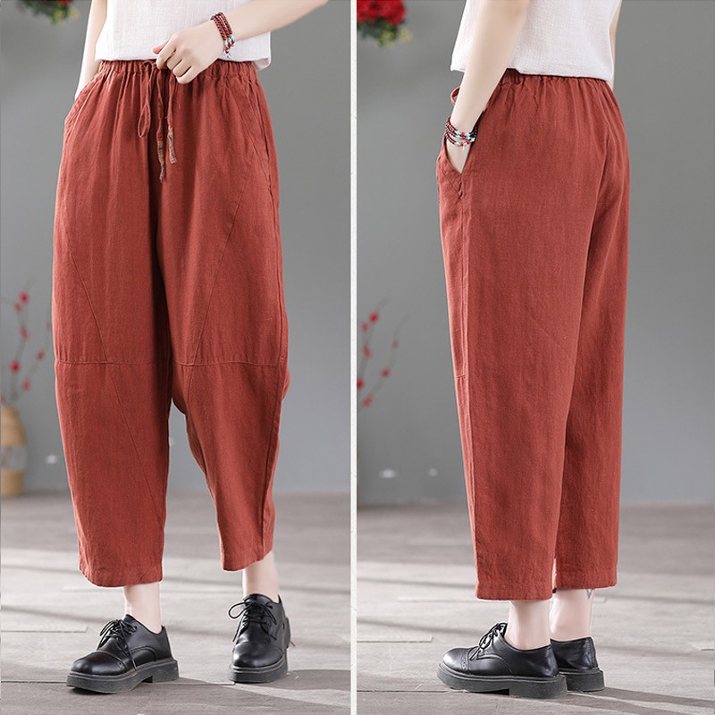 Quần đũi nữ dáng baggy lưng cao phối dây chun Unisex - Màu Trắng Than Cam Nâu - vải đũi xước - Phong cách Ulzzang