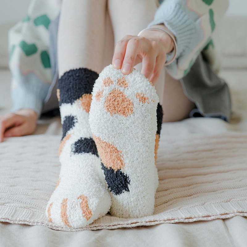 Tất chân vớ chân nữ vải bông lông cừu dày dặn giữ ấm cho mùa đông họa tiết chân mèo dễ thương T009 - Miinas Tất