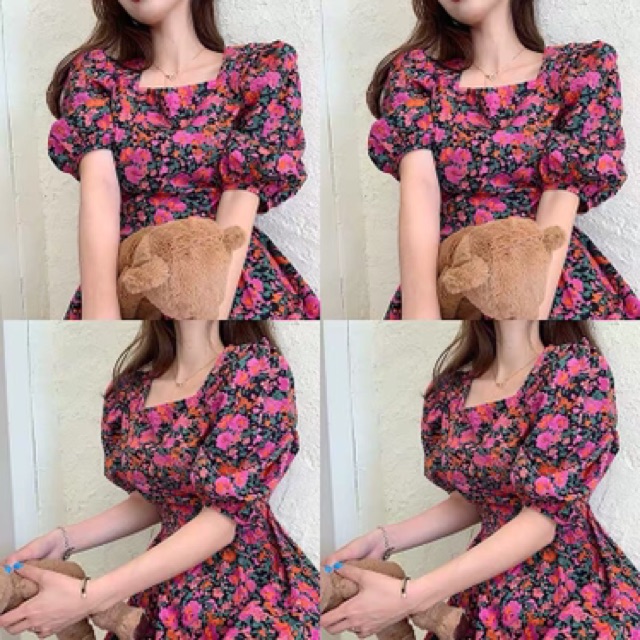Váy đầm hoa nhí màu tím dáng xoè dài cổ vuông tay phồng thắt dây eo sang chảnh vintage đi tiệc du lịch
