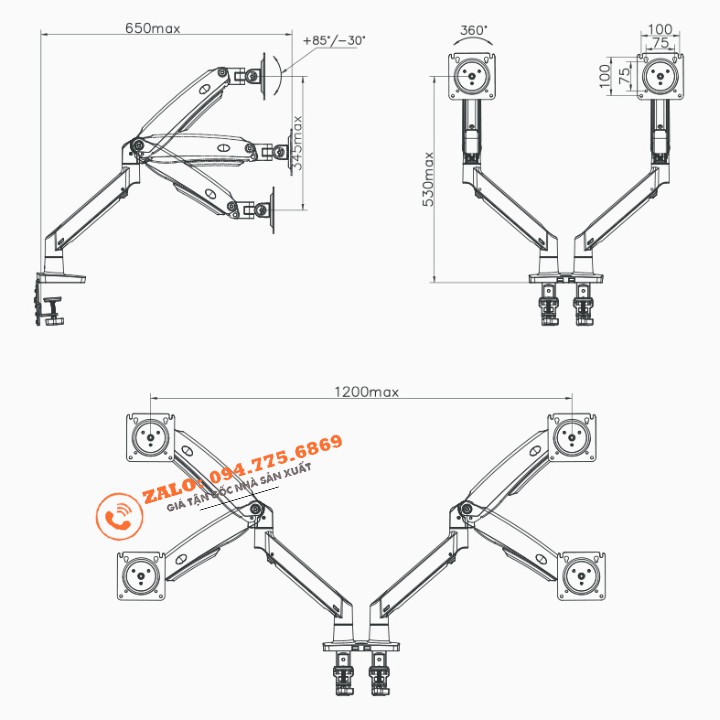 [2 Màu Đen Trắng] Giá Treo Hai Màn Hình NB-F195A 22 - 32 Inch - Tay Treo Hai Màn Hình Máy Tính NorthBayou