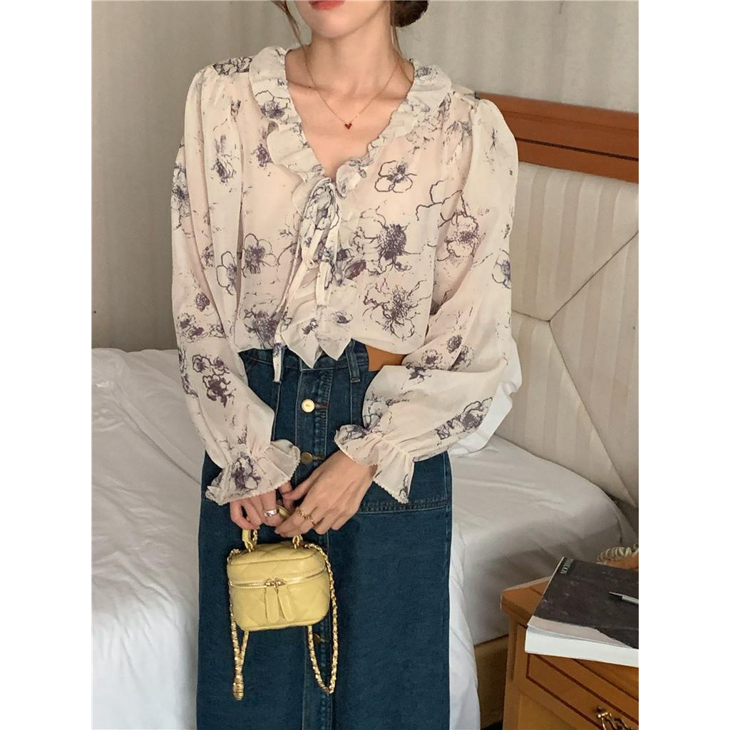 Áo Sơ Mi Voan Dài Tay In Họa Tiết Thanh Lịch Theo Phong Cách Xuân Hè 56004