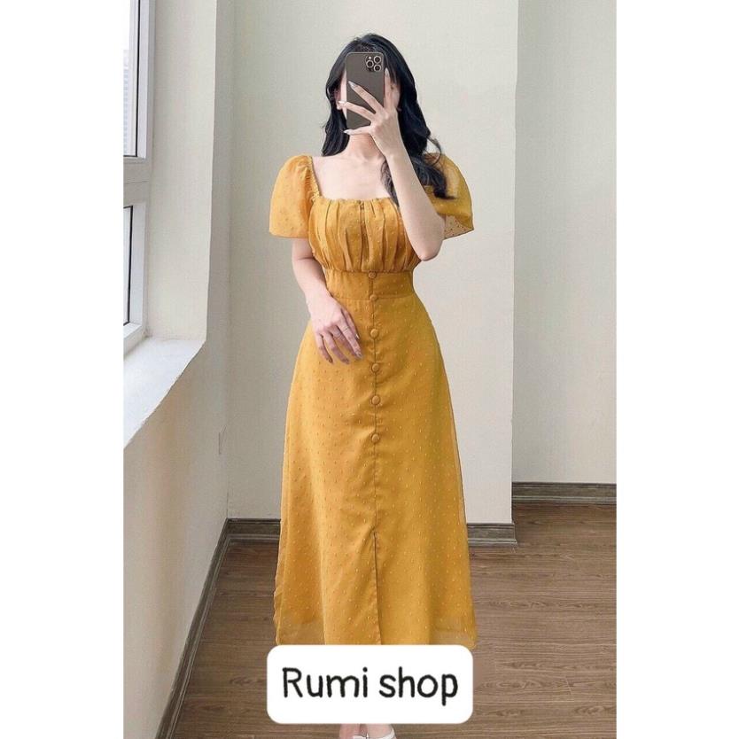 Đầm voan hạt dáng dài cổ vuông biên hòa