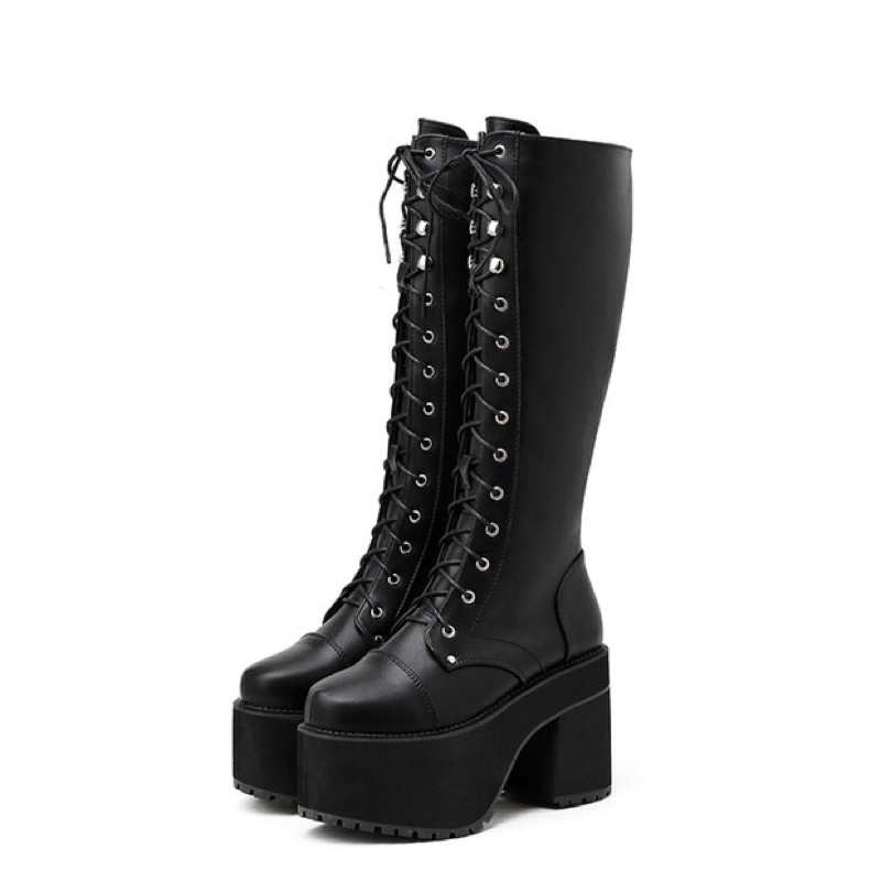 Giày da cao cổ buộc dây đế dày, boots bắp chân để thô platform , đế bánh mì có khóa (hàng order không có sẵn)