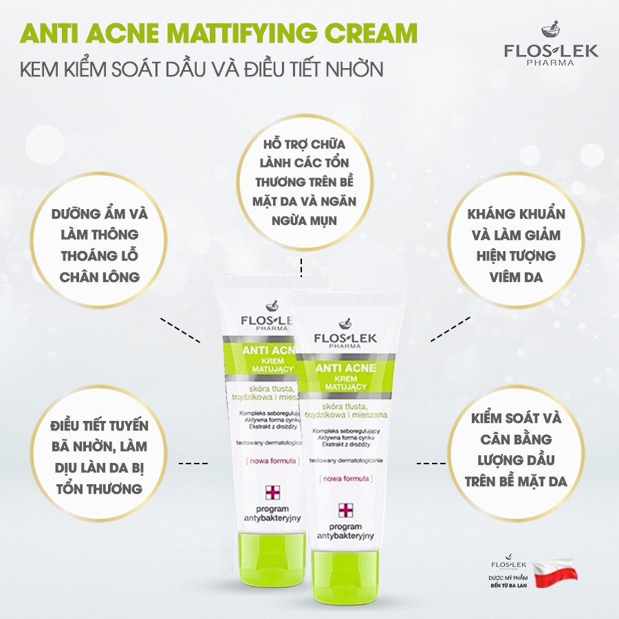 ✅[ Chính hãng Floslek] Kem kiểm soát dầu và điều tiết nhờn Floslek Anti Acne Mattifying Cream_50ml