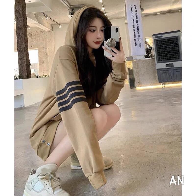 Áo Hoodie Nữ☘️HÀNG HOT☘️ Áo Nỉ Bông Màu Nâu Phối Sọc Tay Unisex
