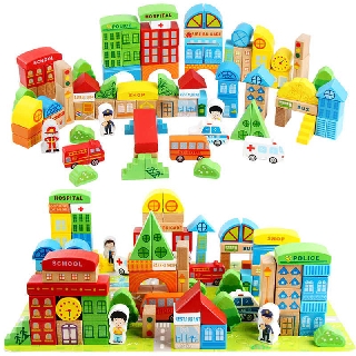Bộ Xếp Hình 100 Chi Tiết Gỗ Thông MInh Giao Thông Và Khu Đô Thị Nhà Ở 2 in 1 Dành Cho Bé