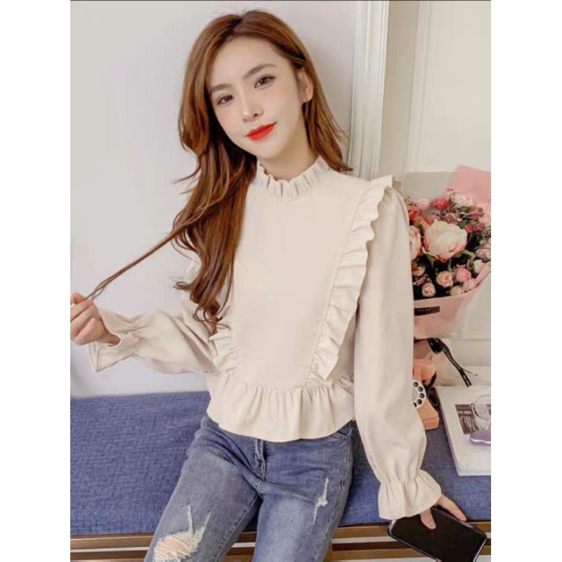 áo babydoll cổ bèo tay dài vintage ảnh thật
