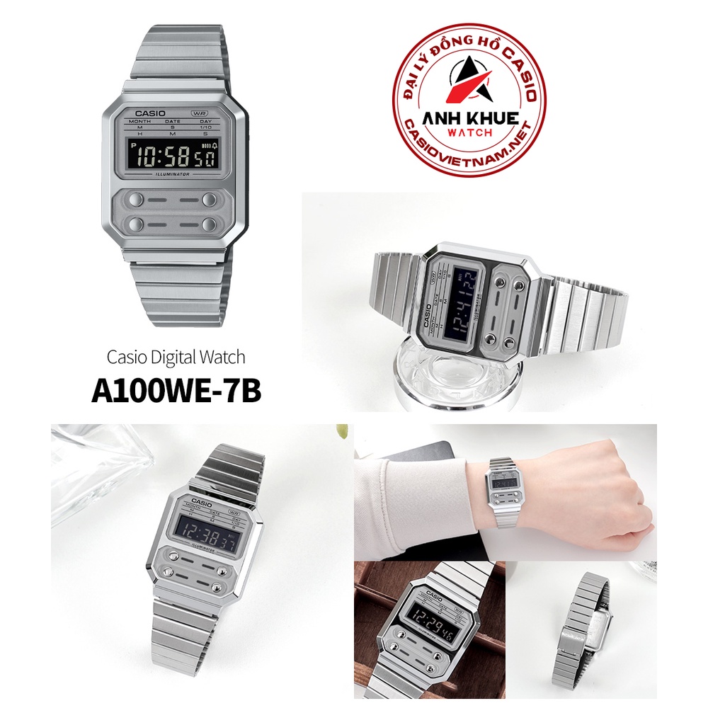 Đồng Hồ Casio Nam A100WE-7B | Vintage | Dây Kim Loại | Mặt Chữ Nhật Cổ Điển | Chống Nước