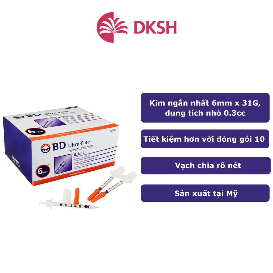 Bơm tiêm insulin BD Ultra-Fine™ 6mm, 0.3cc 31G dành cho người điều trị tiểu đường, hộp 10 túi (10 cây/túi)