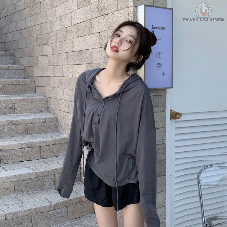 Áo hoodie tay dài dáng rộng phong cách Hàn Quốc dễ phối đồ thời trang mùa thu cho nữ