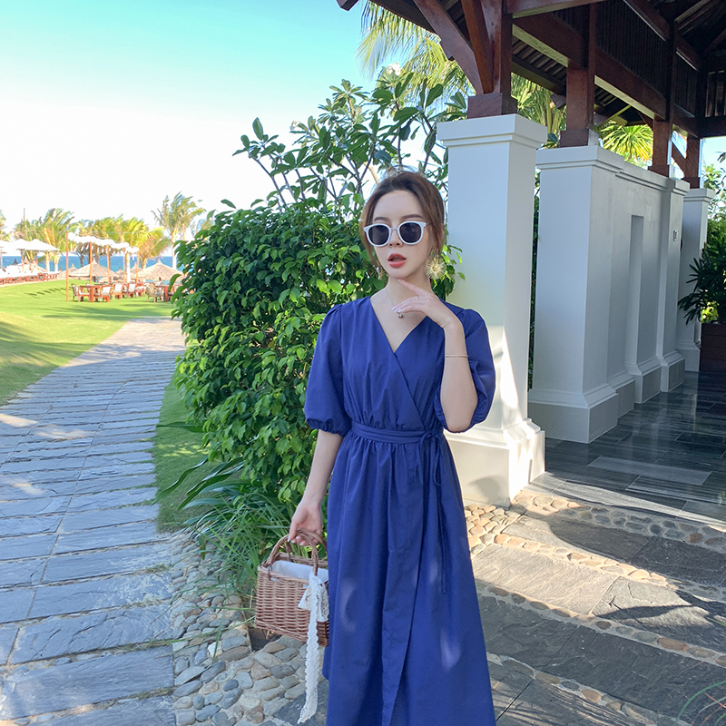 Đầm Dáng Ôm Chiết Eo Màu Xanh Xinh Xắn Dễ Thương Thời Trang Đi Biển Váy