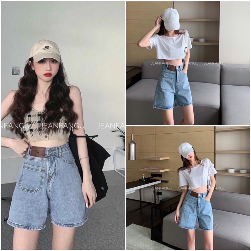 [Ảnh thật/Video]Quần ngố ống rộng tag da cạp cao cá tính , quần bò ngang đùi chất siêu đẹp JEANFANGU
