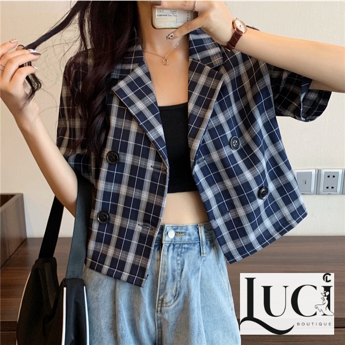 Áo khoác nữ ngắn tay/ Blazer nữ ngắn tay caro xanh | BigBuy360 - bigbuy360.vn